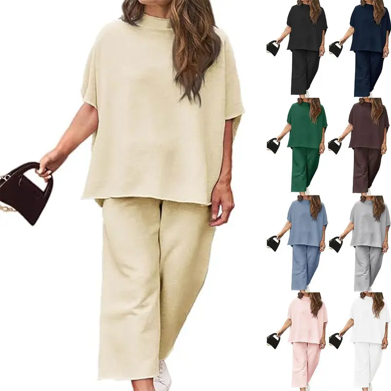 【L-5XL】【oversized】【Raw edge】Imily Bela Curve Women's Plus Size 2 Piece Outfits 3/4 Batwing Sleeve Capelet Crew Neck Pullover Top Wide Leg Pants Lounge Set