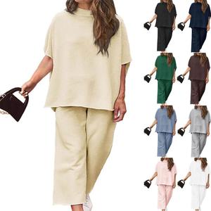 【L-5XL】【oversized】【Raw edge】Imily Bela Curve Women's Plus Size 2 Piece Outfits 3/4 Batwing Sleeve Capelet Crew Neck Pullover Top Wide Leg Pants Lounge Set