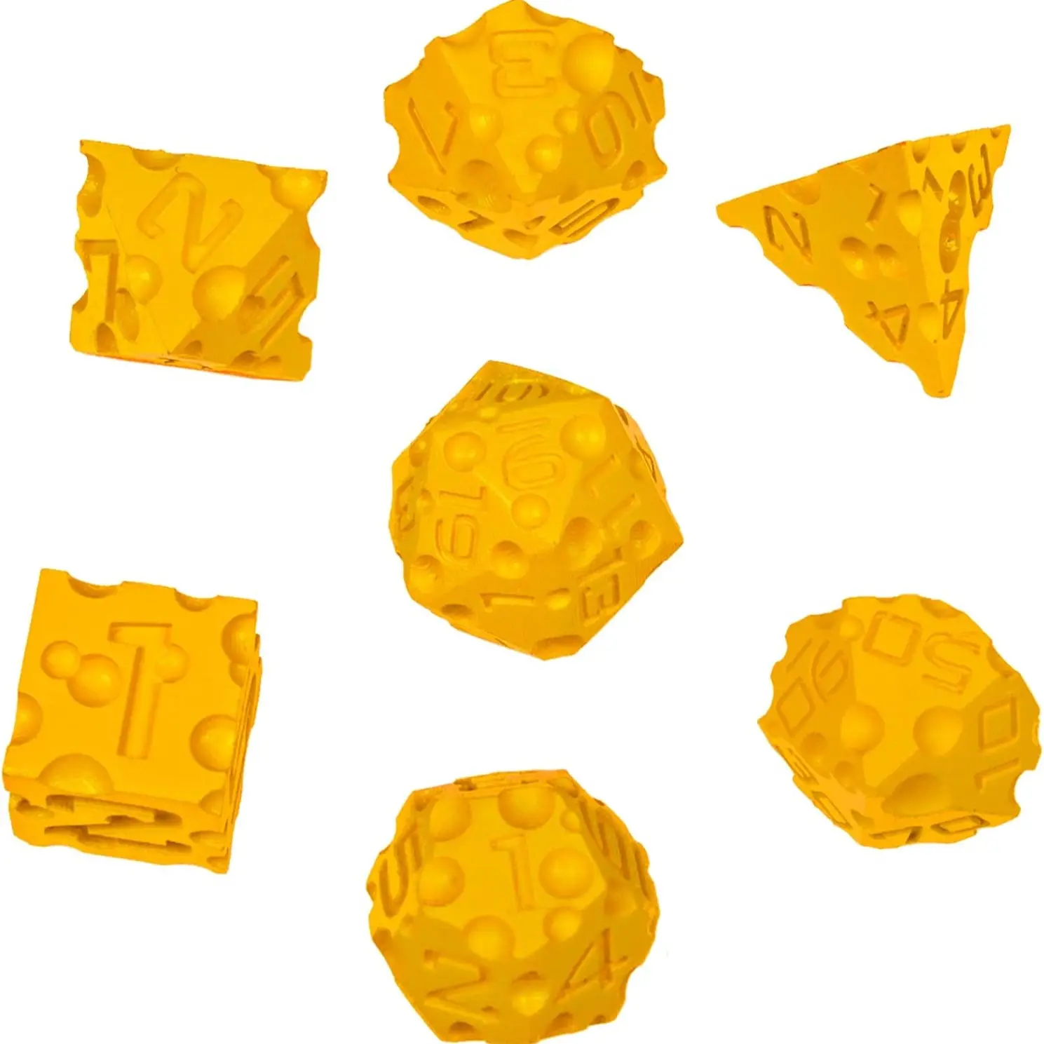 3D Printing Dnd Cheese Dice Set of 7, Multi-Sided Food Theme, Perfect for Dungeons & Dragons, Pathfinder, Tabletop Rpgs, Mtg, Game