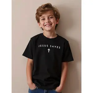 Kids' T-Shirt Featuring a Subtle Christian Design with The Message ' Saves' And a Cross, Perfect for Expressing Faith  (3-13Y)