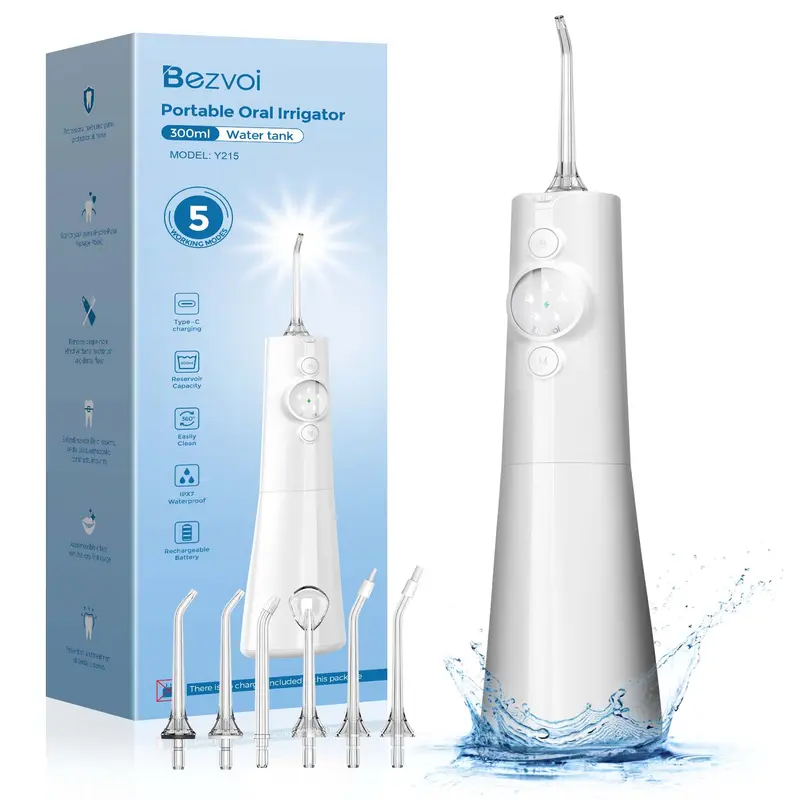 Bezvoi Dental Water Flosser Portable: LED Display 5 Modes, 300ML, IPX7 Waterproof with 6 Jet Tips (White) Oral