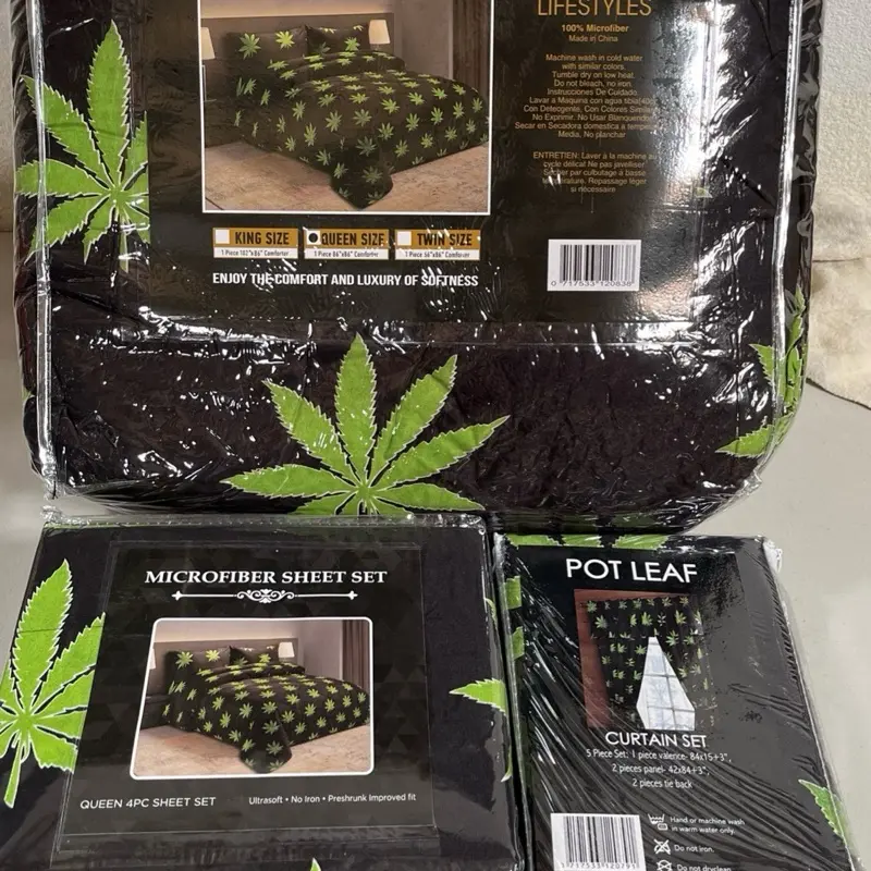 Pot Leaf Queen Size Comforter Set - 10 Pieces with Microfiber Sheet and Pot Leaf Curtain Set