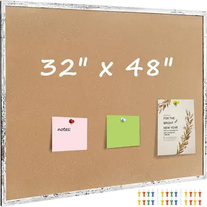 Cork Bulletin Board, 48 X 32 Inches White Framed Message Vision Board, Large Wall Mounted Notice Memo Pin Board with 28 Push Pins