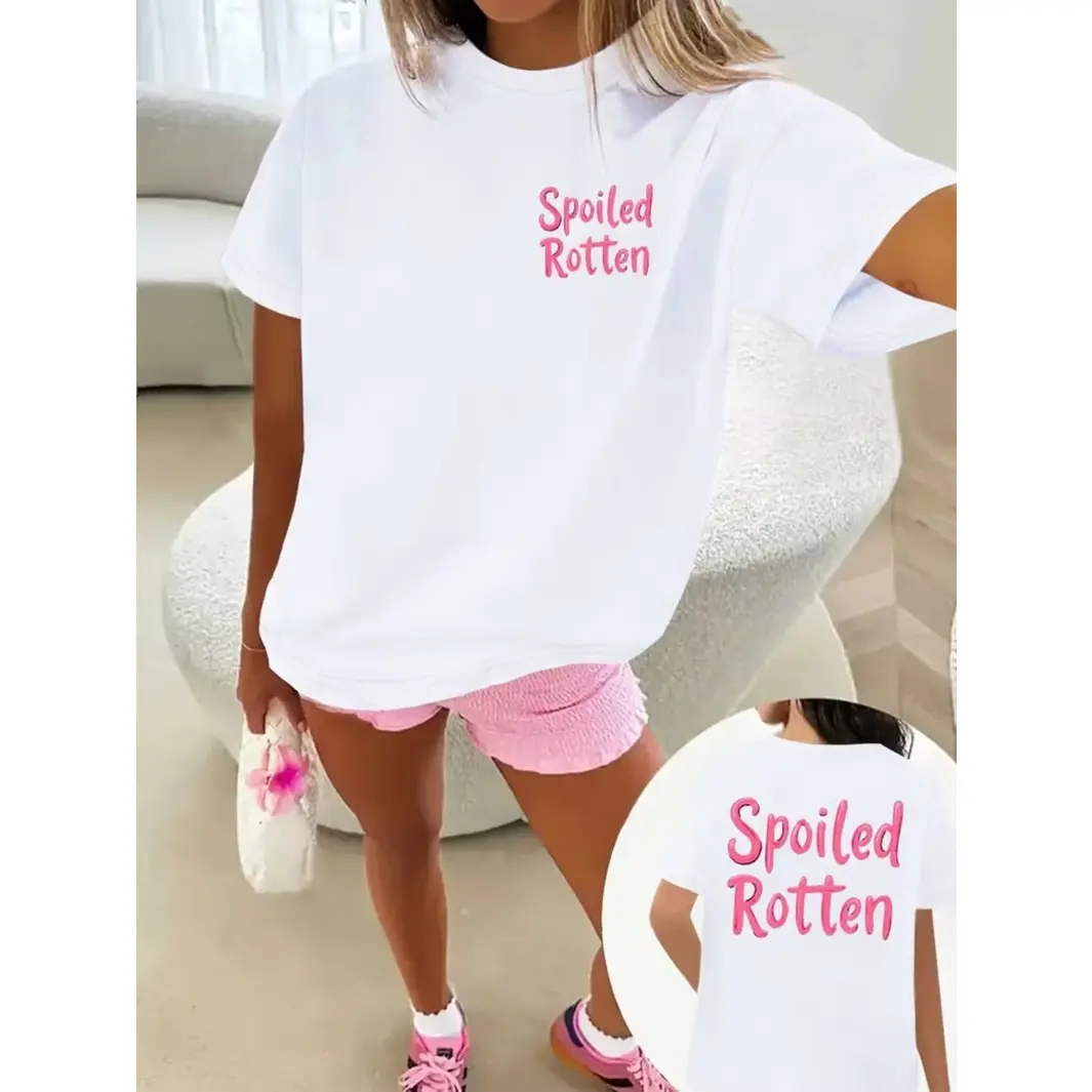 Womens Cotton Short Sleeve Graphic Tee Spoiled Rotten Pink Letter Print Casual Summer Top Cute Aesthetic Everyday Outfit For Vacation Beach Streetwear Lounge And Girls Night