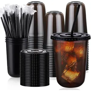 100 sets of 16-ounce plastic cups, with lids and straws, disposable black transparent iced coffee cups, with lids, round-bottom plastic cups, suitable for cold drinks, smoothies, soda, and bar party supplies