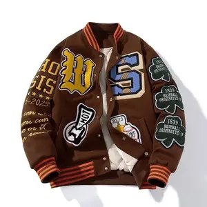 Embroidered varsity jacket for men and women, featuring lettering, winter American baseball jacket style, hip hop wool coat design, thick and warm outerwear parkas, available in brown