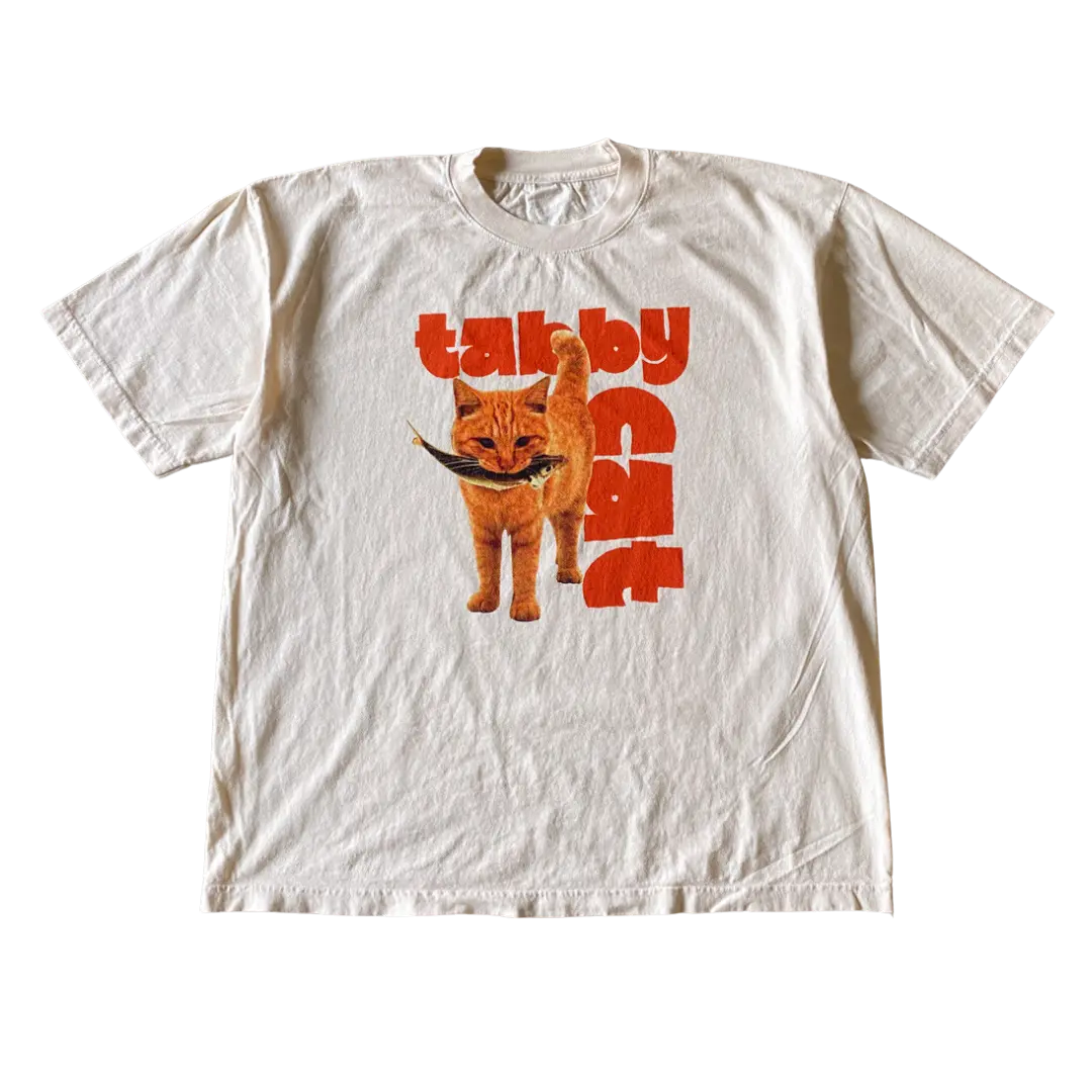 Tabby Cat With Fish Tee T-Shirt Menswear Womenswear, Crewneck Tee