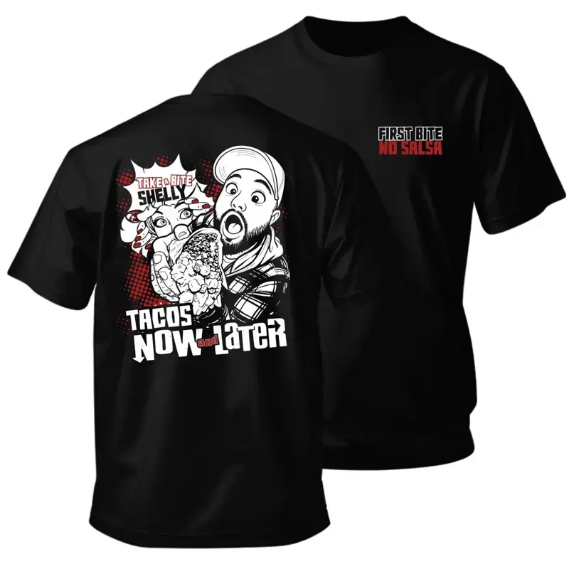 Men's 180g Short-Sleeve White Crewneck T-Shirt, First Bite No Salsa (Shelly Shirt) - Tacos Now Later Design, Everyday Wear Top