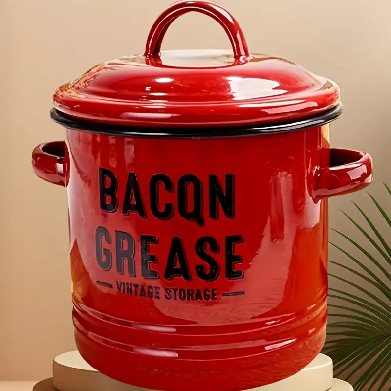 [Vintage Enamel Storage Jar] Red 1200ml Vintage Enamel Storage Jar with Lid - "Bacon Grease" Design, Ideal for Seasoning, Spices, Sauces - Essential Baking & Kitchen Tool