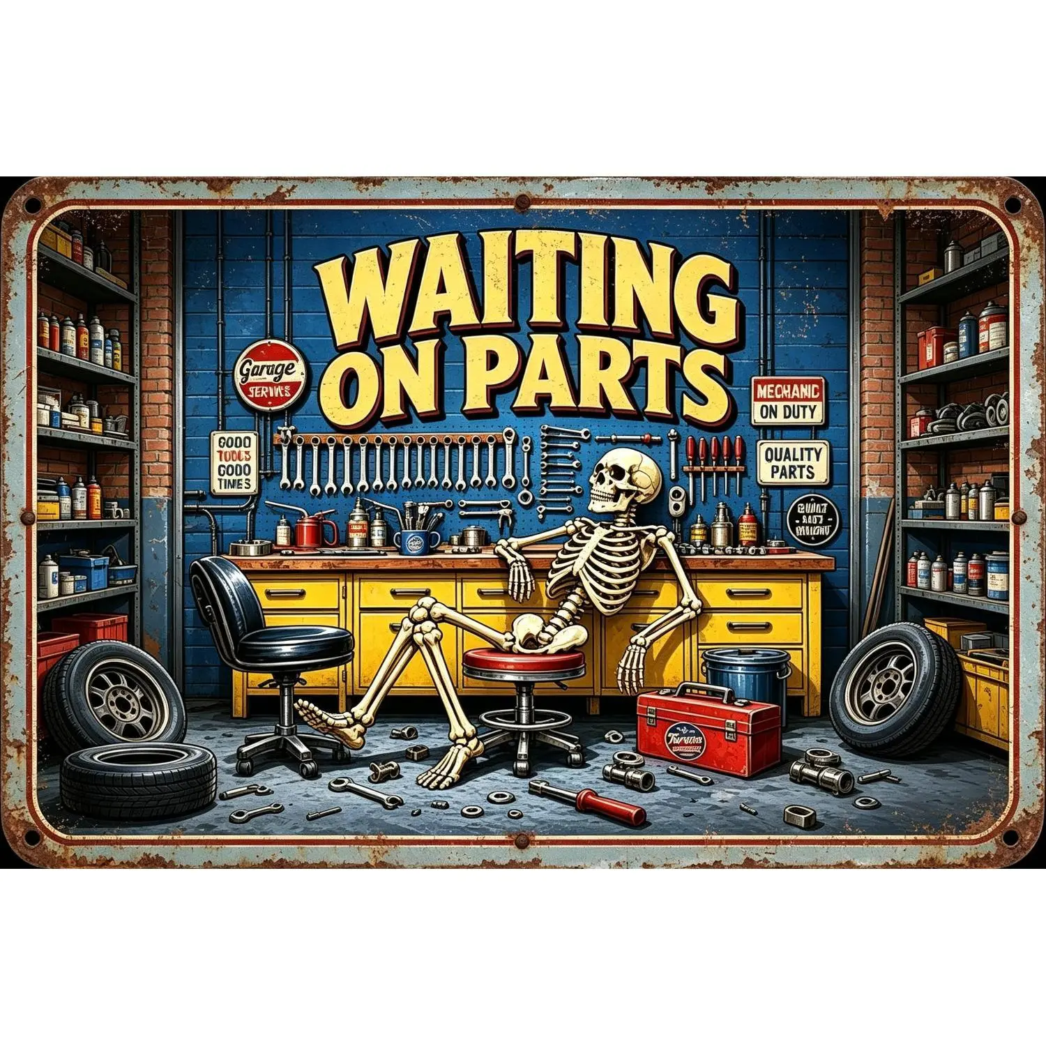 2D Flat, Decorative Sign 2D Flat - [2Dflat], 1pc 8x12inch Waiting on Parts Skeleton Mechanic Tin Sign, Funny Garage Decorative Signs, Vintage Mechanic Wall Art for Man Cave Workshop Decor, 2D Flat