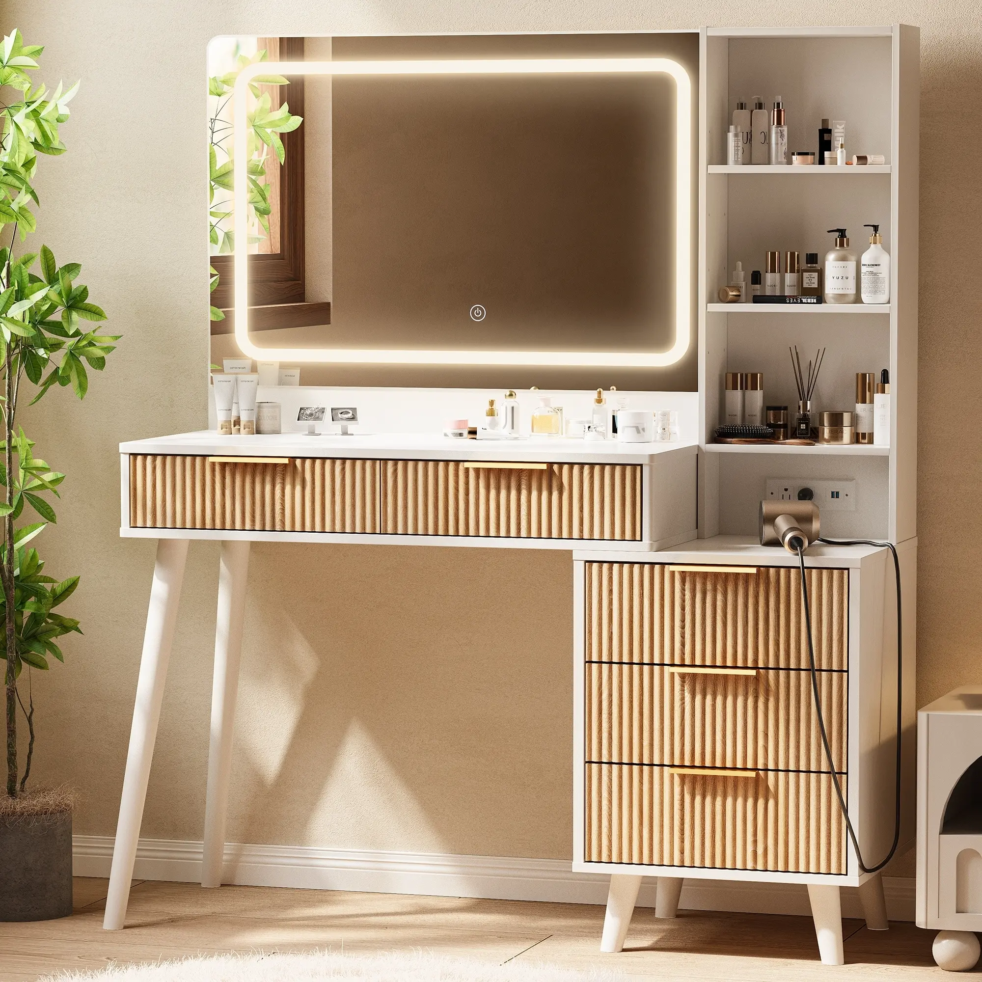 InnoD 44" Illuminated Vanity Desk with Lighted Mirror, Fluted Storage Drawer, 3 LED Light Modes & Power Outlet - LED Compact Makeup Vanity for Bedroom, Dresser & Beauty Organization
