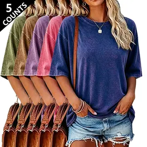 Pack of 5 women’s washed/distressed short-sleeve T-shirts, crew neck, loose vintage casual top. Washed/distressed finish, skin-friendly breathable pure cotton fabric. Versatile basic piece that can be worn solo or layered, pairs well with jeans, shorts, s