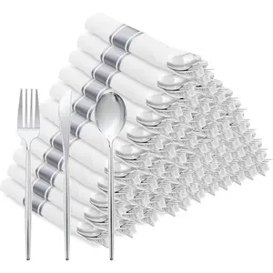 100 Pack Pre Rolled Silverware Set Disposable, 400 count  plastic utensils Include 100 Forks, 100 , 100 Spoons, 100 Napkins, Plastic Cutlery, Wrapped Silverware Set Disposable for Party