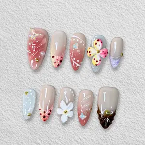 Pressmeon Handmade Press-on Nails | Fairy Picnic | Medium Almond Shape Collection | 3D Luxury Salon Quality | Reusable & Extra Durable | Eco Package