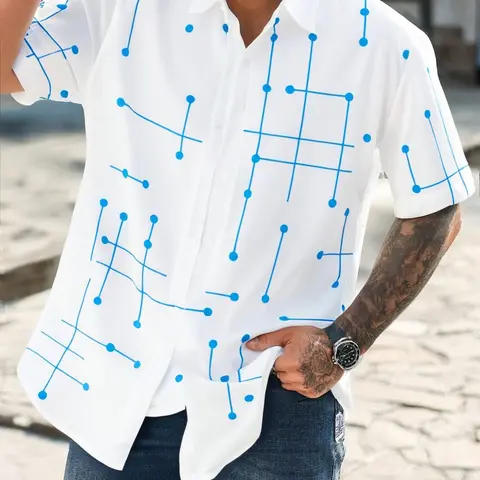 Men's Regular Fit Geometric Line Print Short Sleeve Shirt, Casual Collared, Casual Party Shirt, Casual Comfy Top for Summer, Casual Fashion Fitted, Fashion Men's Clothes for Daily Wear, Printed Shirts