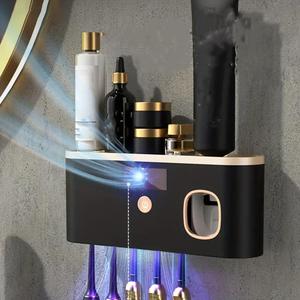 wall mounted usb charging toothbrush holder, 1 count multifunctional ultraviolet sterilization toothbrush storage rack, smart toothbrush organizer for bathroom