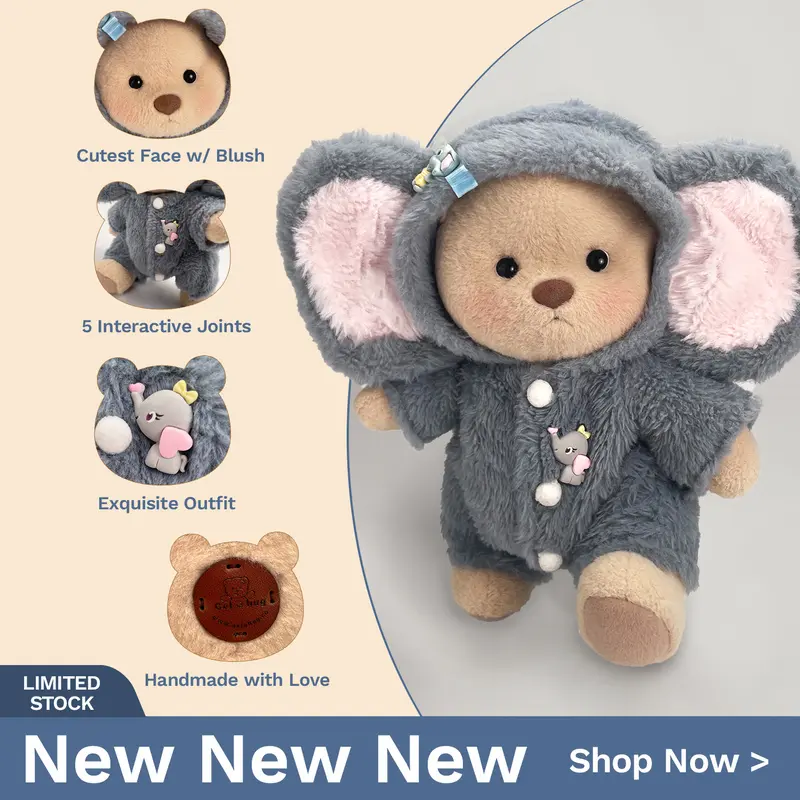 GETAHUG White Mink Hat Brown Overalls Bear Handmade Jointed Teddy