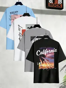 Men's Letter Coconut Tree Print Round Neck Short Sleeve Graphic T-Shirt 4 Pack, Casual Comfortable Top for Summer Outdoor Wear