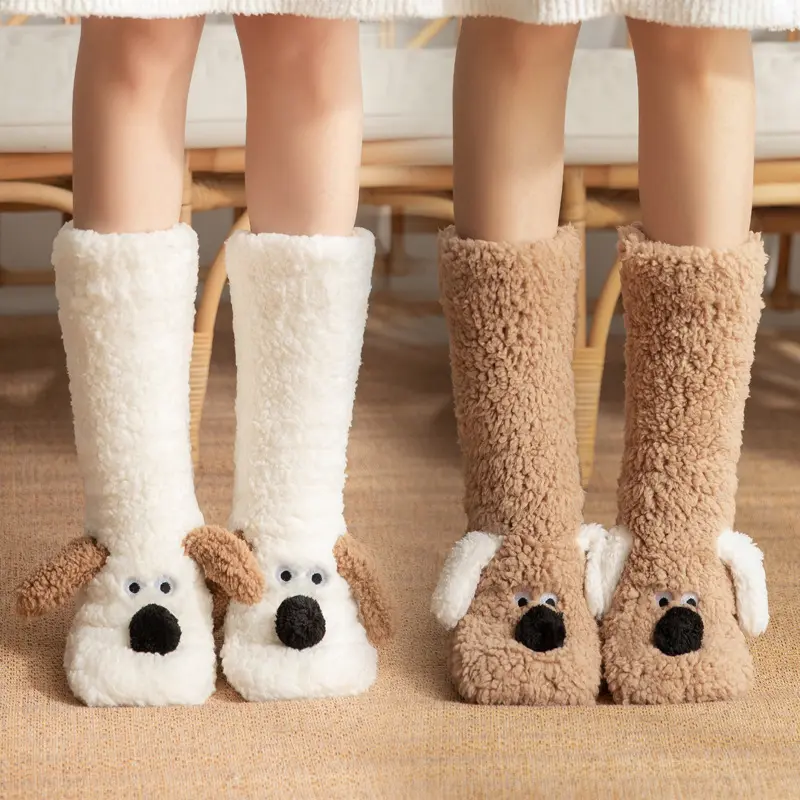 Women's Thick Coral Fleece Cartoon-Shaped Animal-Faced Character-Themed Mid-Calf Indoor Socks - Soft, Cute, Warm Fuzzy Solid Plain Winter Socks with Adorable Dog Ears for Sleep, Home Use | Women's Clothes, Cartoon-Shaped Mid-Calf Socks