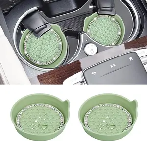 Car Cup Coaster Universal Non-Slip Cup Holders Bling Crystal Rhinestone Car Interior Accessories 2 Pack Tea Green