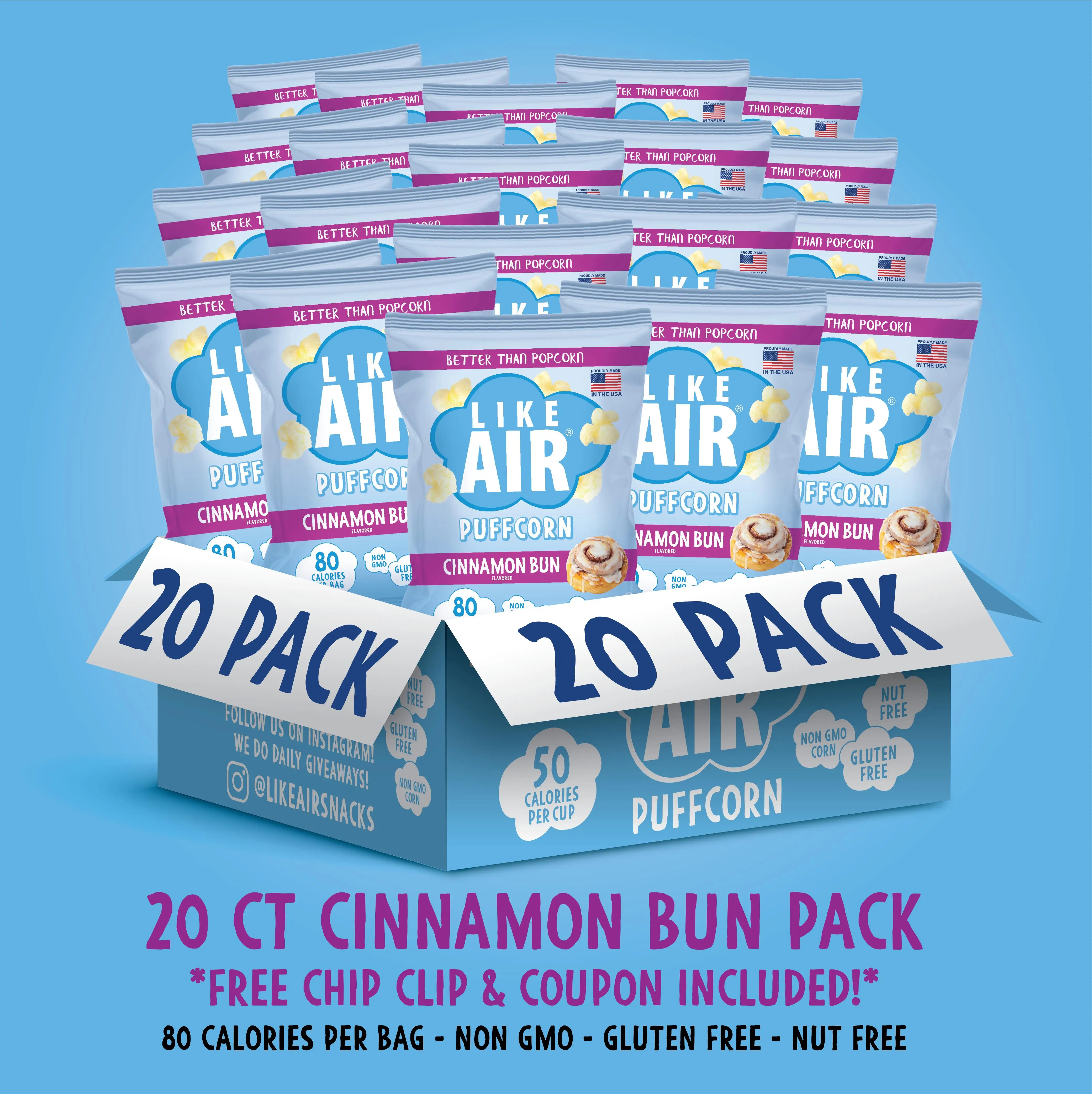 Cinnamon Bun Puffcorn Single Serve - 20 bags - Like Air Puffcorn