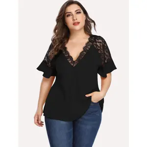Women's Plus Size V Neck Lace Trim Short Sleeve Top Blouse