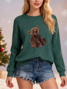 Women's Fall Winter Fitted Long Sleeve Sweater, Soft Plush Feel, Vintage Bear Print, Casual Daily Wear, Comfortable Commute Top