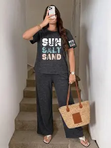 Plus Size Women's Two-Piece Set, Vintage Pattern, Vintage Distressed Short Sleeve Round Neck & Wide-Leg Pants, Summer Versatile Casual Home & Outdoor Wear Womenswear