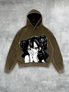 American Vintage Anime Girl Print Graphic Hoodie, Cotton Skin-Friendly Top, Fall Winter Warm Loose Pullover, Classic Pullover, Casual Streetwear, Funny Relatable Sweatshirt, Fitted