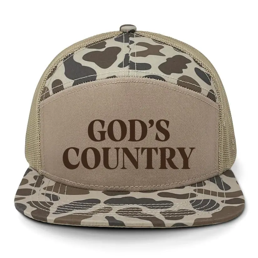 God's Country Camouflage 7-Panel Trucker Hat – Premium Embroidered Camo Snapback Cap