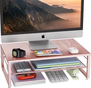2-Tier Metal Monitor Stand Riser, Office Desk Storage Organizer for Computer Monitor, Laptop, Printer, Office Supplies (Rose Gold)