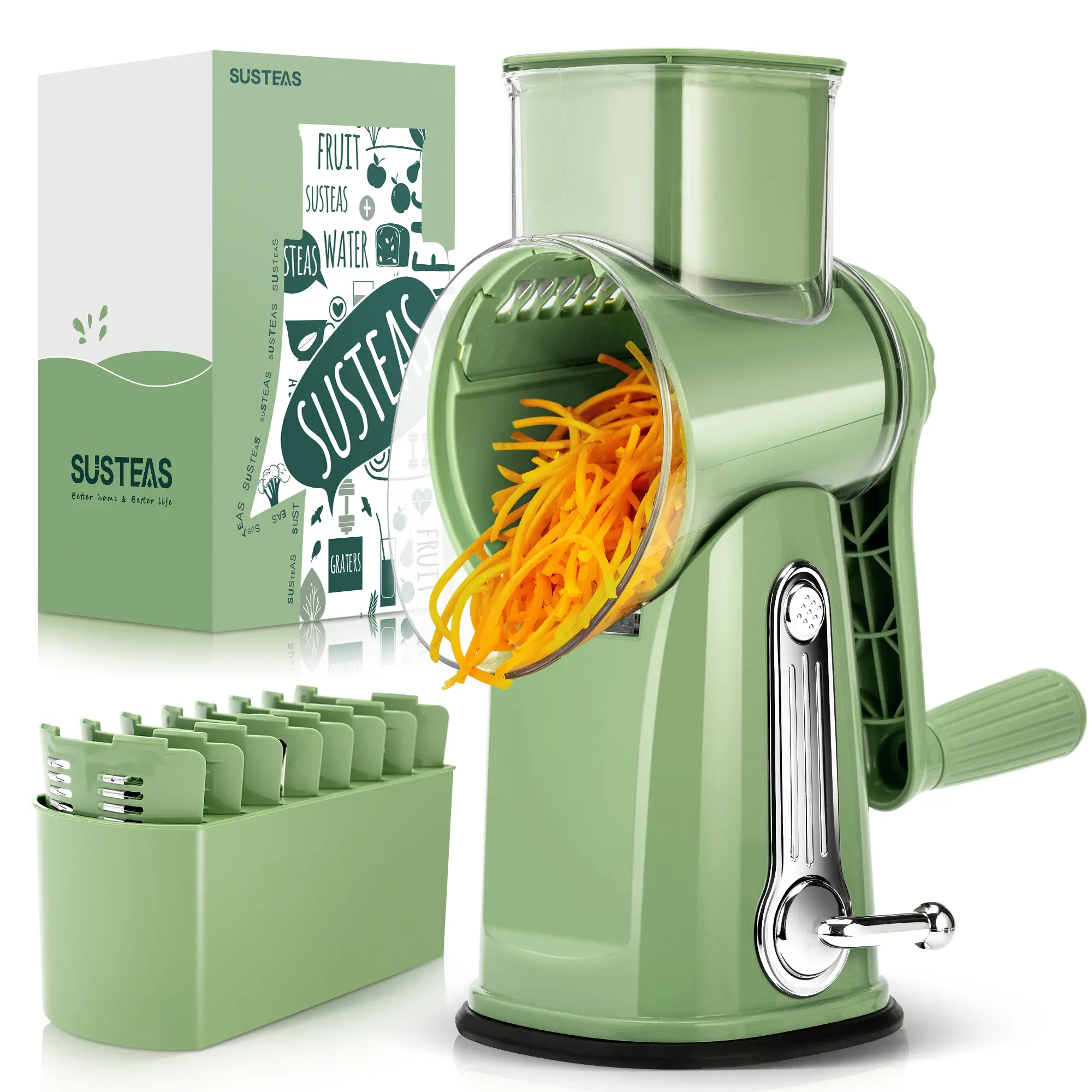 SUSTEAS Rotary Cheese & Veggie Cutter Salad Dicer - 5 Blades, Suction Cup Base, Handle, Convenient Attachment, Organized Blade Storage for Cooking Kitchen Utensils, Vegetable Slicer Shredder