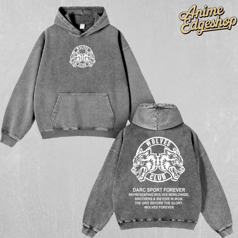 Wolves Club Darc Sport Washed Hoodie & T-Shirt | Heavyweight Vintage Streetwear, Retro Wolf Gym Graphic Tee, Brotherhood Iron Family Gift for Fitness & Hiphop Fans Menswear Thick Tops