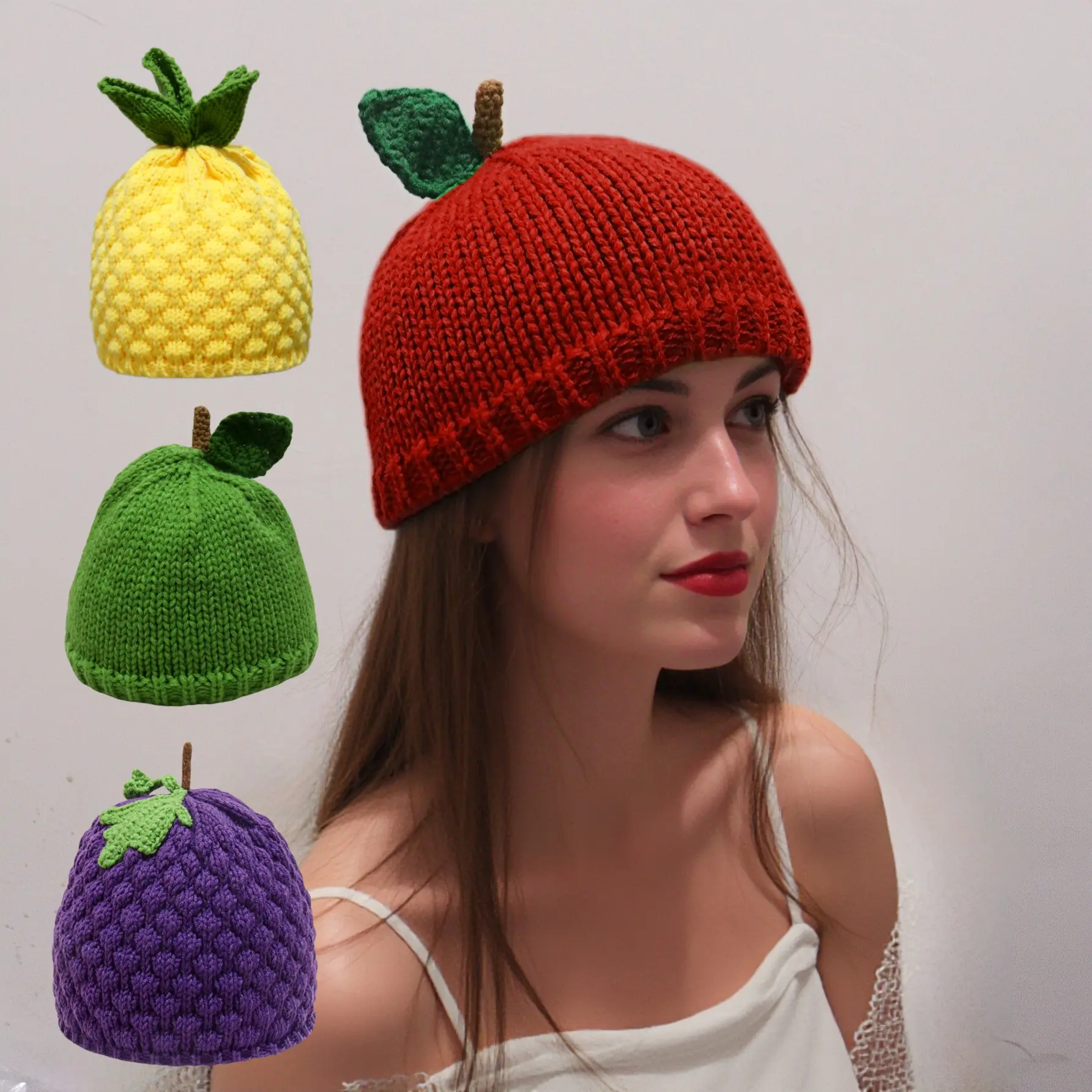Handmade Knit Fruit Beanie with 3D Leaf & Stem - Cute Apple Hat, Lemon, Green Apple & Plum Styles. Y2K Dopamine Winter Cap, Novelty Christmas Gift for Women, Cozy Holiday Accessory