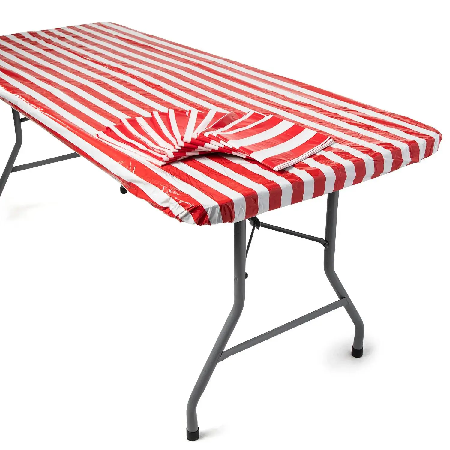 Plastic Fitted Tablecloths, Bulk 12-Pc 8ft Red & White Striped Rectangle Disposable Tableware for Large Events, Birthday, 30x8ft Lightweight Home & Festive Supplies