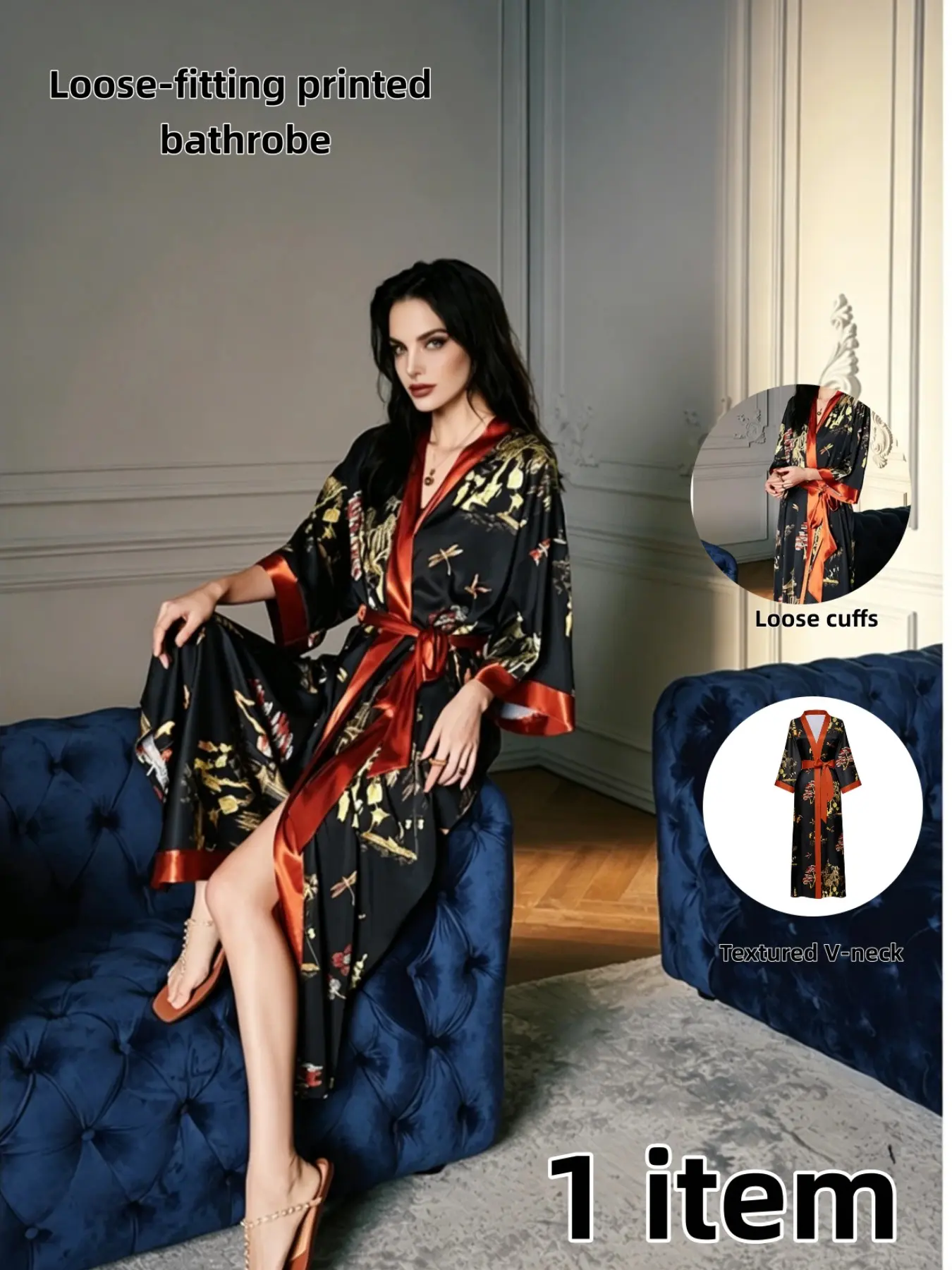 Elegant Silk Sleepwear for Women, Fashionable Thin V-Neck Ice Silk Pajamas, Vintage Japanese Morning Robe, Long Bathrobe