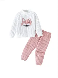 Infant Girl Casual Fall Set, Long Sleeve High Neck Fox Top & Pink Ribbed Pants, Comfort Fit, Cute Animal Print Style