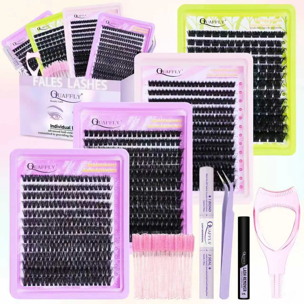 Lash Clusters Kit 3D Volume Lash Clusters 4 Styles 10-18mm Eyelash Extensions Eyelash Glue Extension DIY Lash Extension Kit with Lash Bond and Seal Lash Remover Tweezers Brush Mascara Shield Thick False Eyelashes Kit