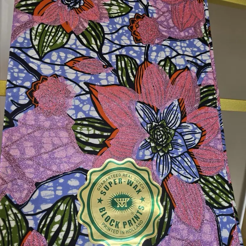Super Wax Hollandais Vlisco Glitter High Quality 100% Cotton Fabric with Floral Pattern and Glitter Finish