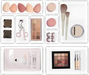 10 Pcs Makeup Drawer Organizer Bins Set, 4 Size Plastic Makeup and Vanity Organizer Trays, Clear Acrylic Vanity Storage Containers for Cosmetics, Toiletries, Jewelry, Gadgets, Office Supply Boxes Silicone Kitchen