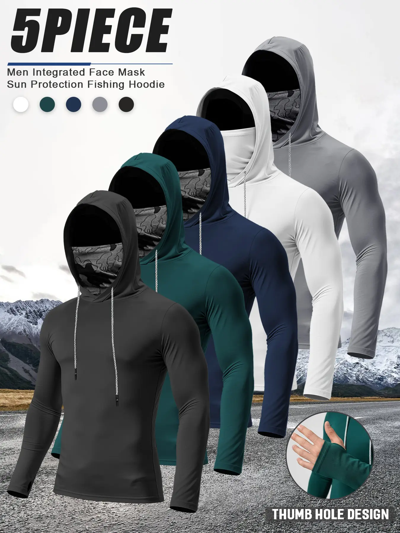 Men's 5-Piece Sun Protection Fishing Suit - Quick-Dry Full Length Top with Hooded Mask, Machine Washable Male Wear for Fishing/Cycling Outdoor Sports, Slim-Fitting