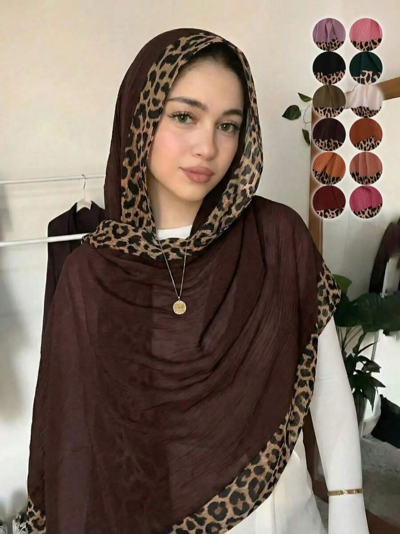 1 piece Bohemian-style women’s solid-color hijab with leopard-print trim and ruched details; multifunctional scarf/headscarf/shawl/cape; sun-protective and windproof; gift item casual soft comfortable shawl