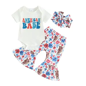 My First 4th Of July Baby Girl Outfit USA T-Shirt Rib Onesie Romper Bell-bottoms Newborn Fourth Of July Clothes