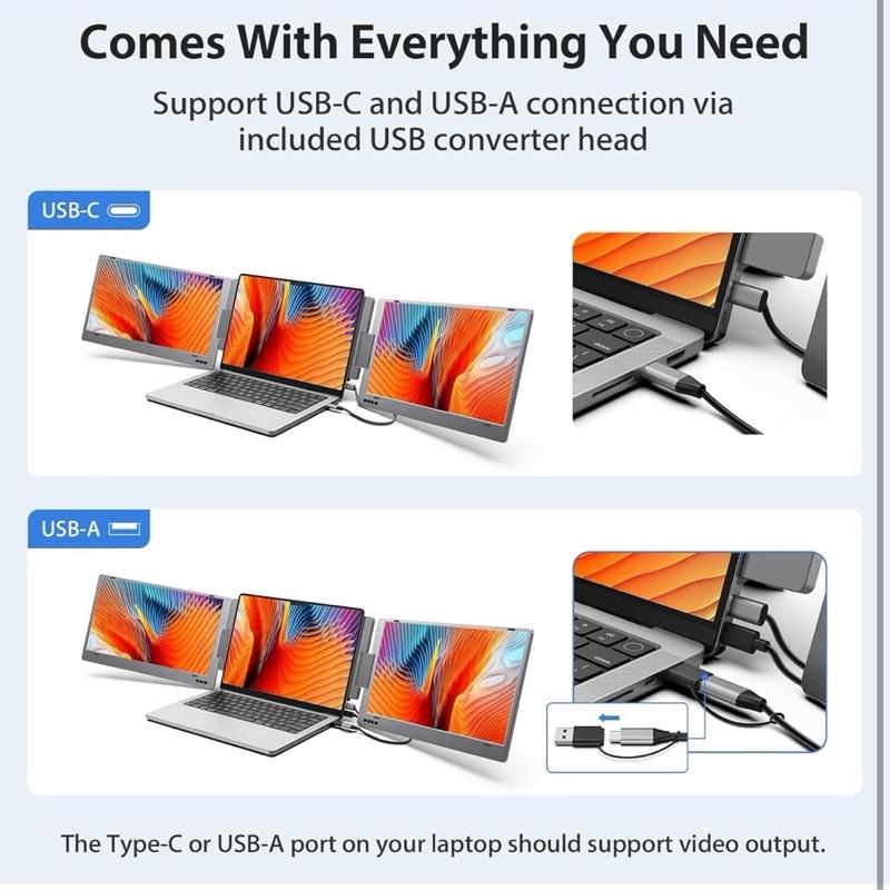 Triple Portable Monitor for Laptop - 14'' FHD 1080P USB-C, HDR IPS Display, Dual Monitor for Mac, Windows, and Android Devices