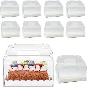 30 Pcs 6.3 Inch Clear Roll Cake Gable Boxes with Handle & Cake Boards Transparent Plastic Gift Boxes Easy Carrying Pastry Containers for Bakery Christmas Wedding