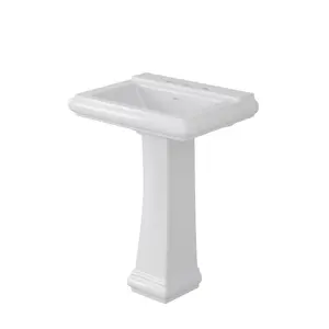26" W x 20" D Rectangular Pedestal Sink, Modern Ceramic Bathroom Pedestal Sink with Overflow and 3 Pre-Drilled Holes, Compatible with 4-Inch Faucet Installation