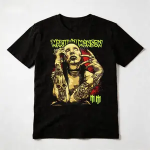 Marilyn Manson Graphic T-Shirt –  Vintage Rock Band Tee, Streetwear Punk Style Top, Comfortable Black Cotton Round-Neck T-shirt Fashion Menswear