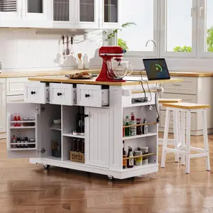 3-Piece Rolling Kitchen Island Set with 2 Bar Stools & Charging Station