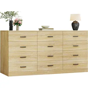 【Limited time deal】BM-CBX 60 Inch 12 Drawer Dresser for Bedroom, Long Mid Century Modern Dressers, Wood Vintage Chests of Drawers TV Stand up to 65", Large Storage Organizer for Bedroom, Closet, Entryway, Natural