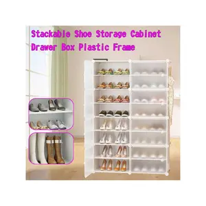 Indoor furniture  32 Pairs Stackable Shoe Storage Cabinet Drawer Box Plastic Frame